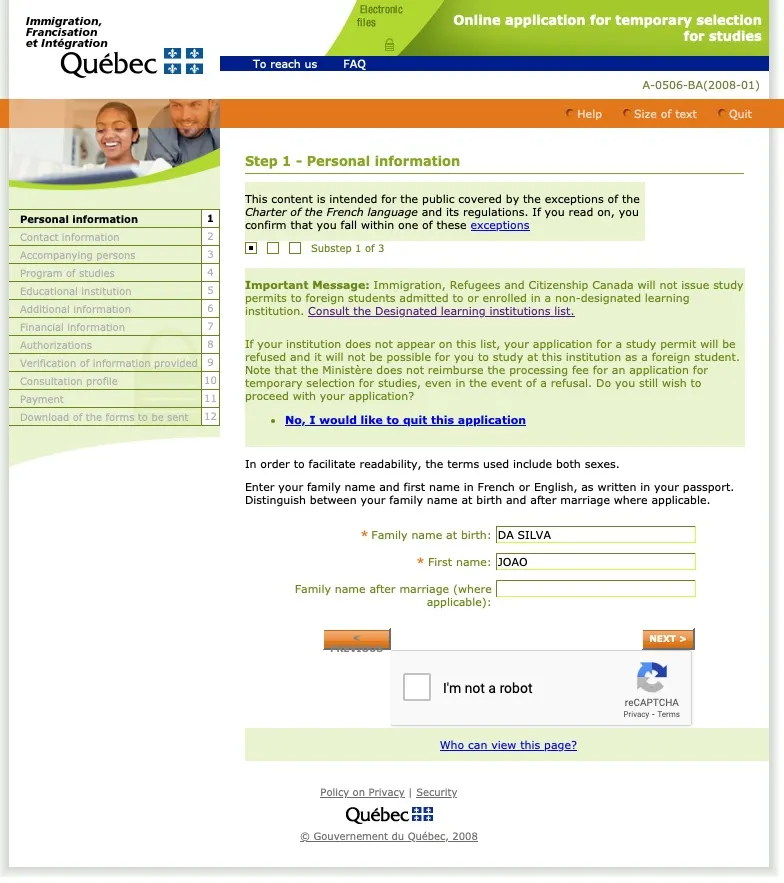 Passo 1 CAQ site oficial do governo de Quebec