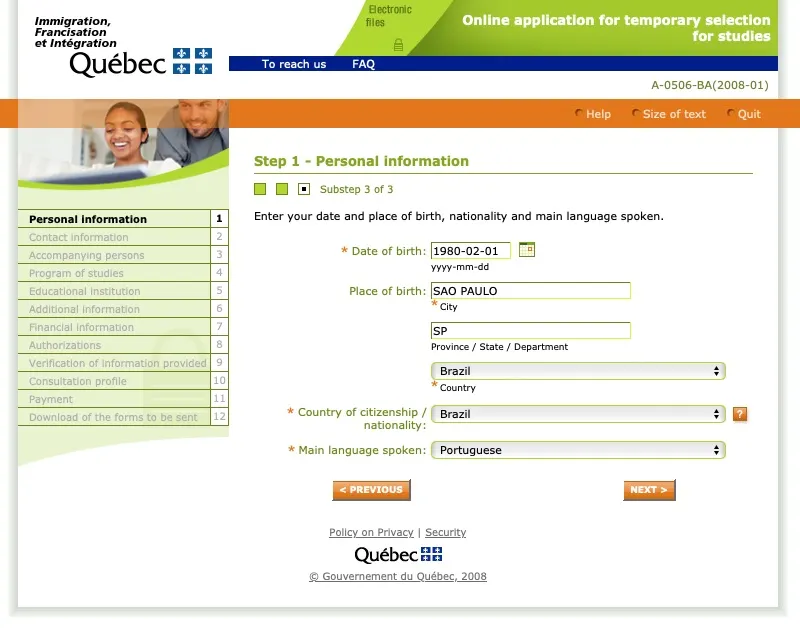 Passo 3 CAQ site oficial do governo de Quebec