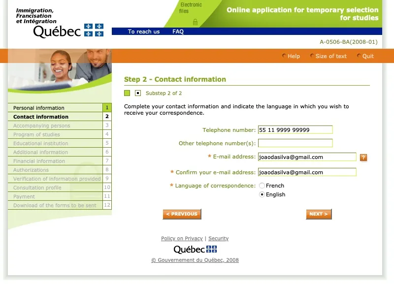 Passo 5 CAQ site oficial do governo de Quebec