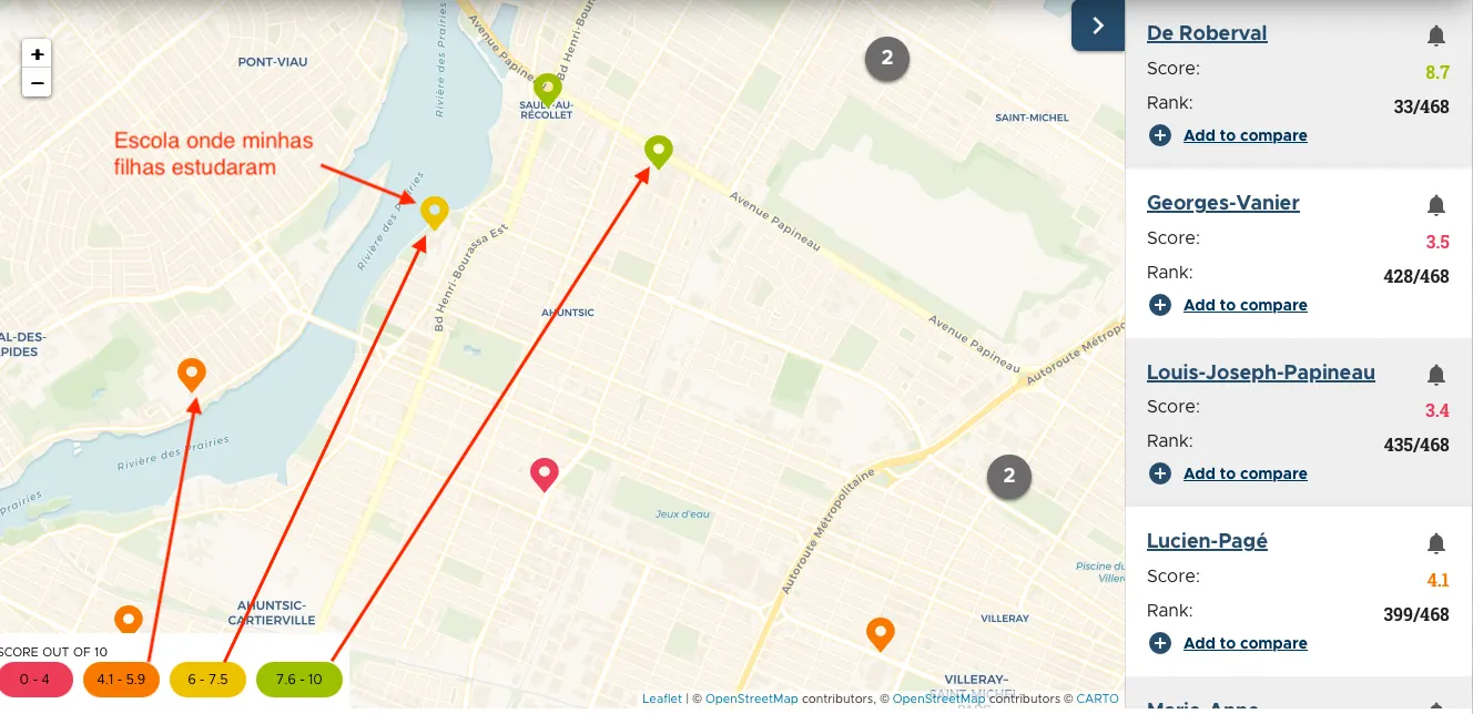 Mapa de escolas em Quebec
