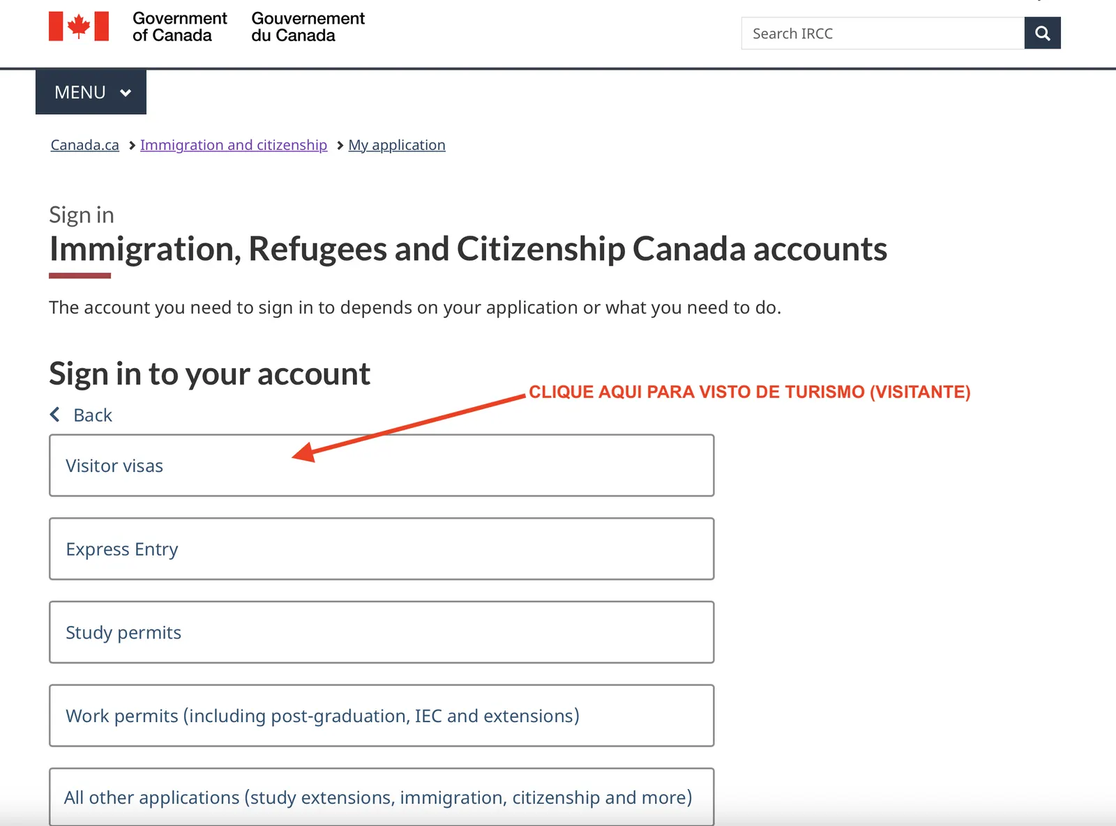 Tela 03: Guia Passo a Passo Criar Conta no Site de Imigração do Canadá